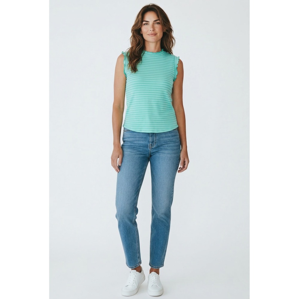 Zenana Womens Teal Striped Lettuce Edge Mock Neck Ribbed Sleeveless‎ Top Size M